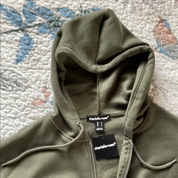 NWT Olive Cropped Full Zip Hoodie Sweatshirt Jacket - Picture 7 of 9